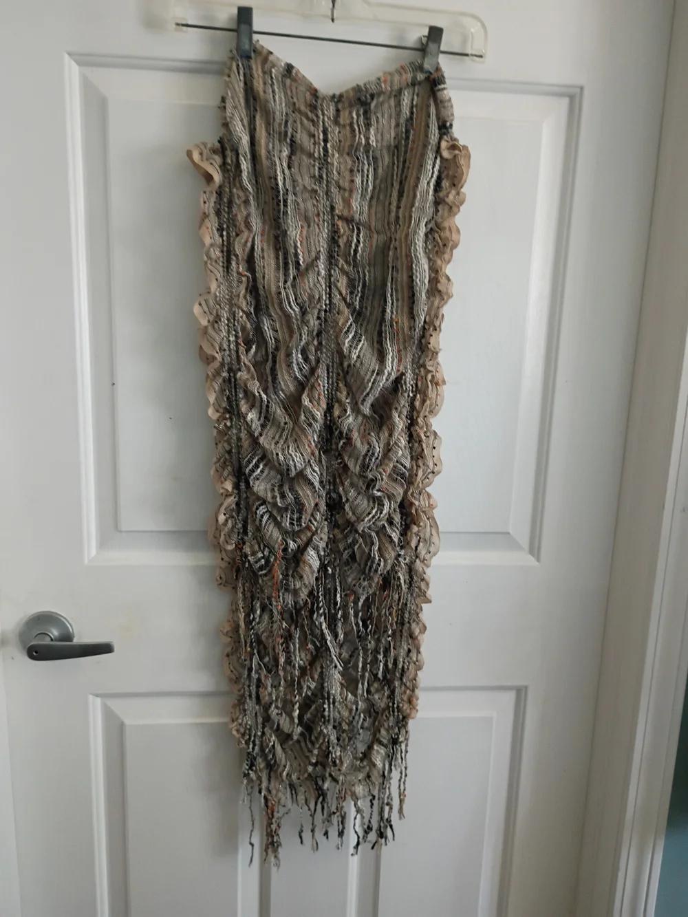 Boho Fringe Knit Maxi Scarf in Neutral Stripe